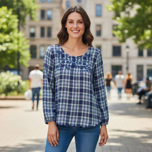 Talbots Plaid Floral Embroidery Scallop Hem Pullover Blouse Plus Size 2X Purple - Picture 1 of 14